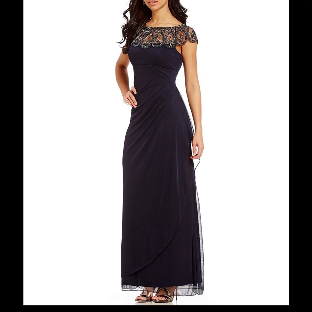 Navy, Beaded Illusion Neck Ruched Gown